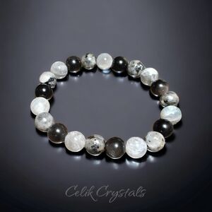 Gray Labradorite Black Labradorite & Silver Obsidian Bracelet 10mm Unisex